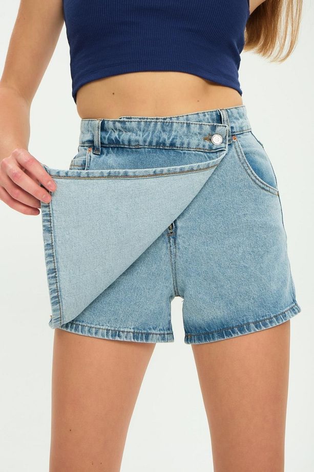 Mavi Tek Düğme, Fermuarlı Denim Şort Kot Kadın Etek - 3