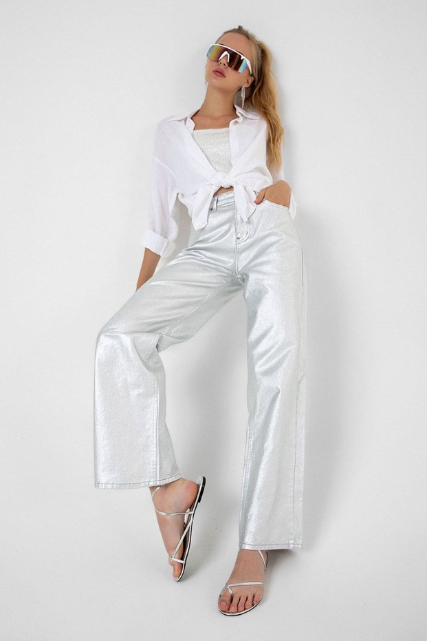 Gray Metallic Look Lame Palazzo High Waist Wide Leg Women's Trousers