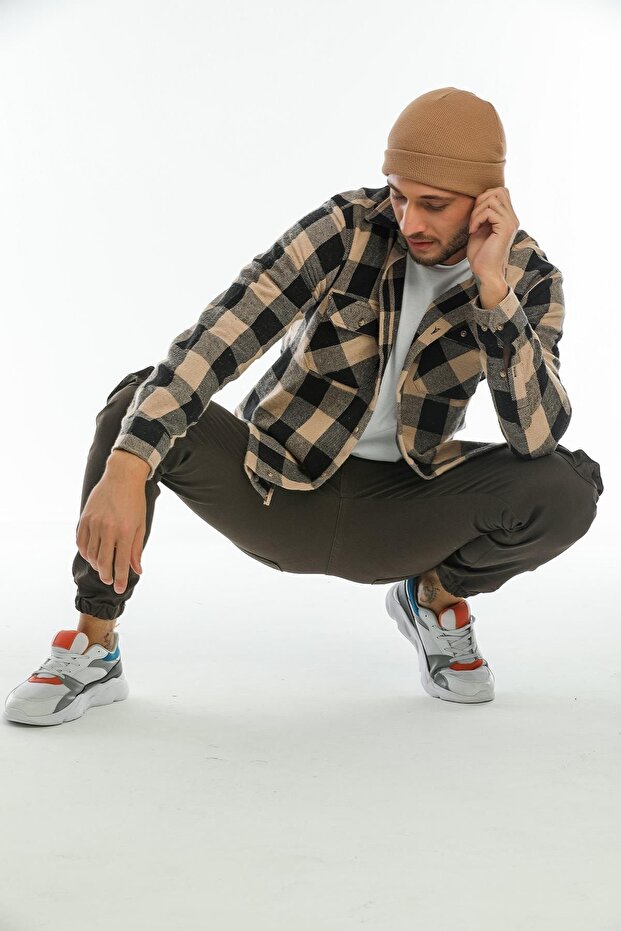 Ekru, Çift Cep Kapaklı Oversize Kareli Kalın Ekose Oduncu Erkek Gömlek Ceket Shacket - 5