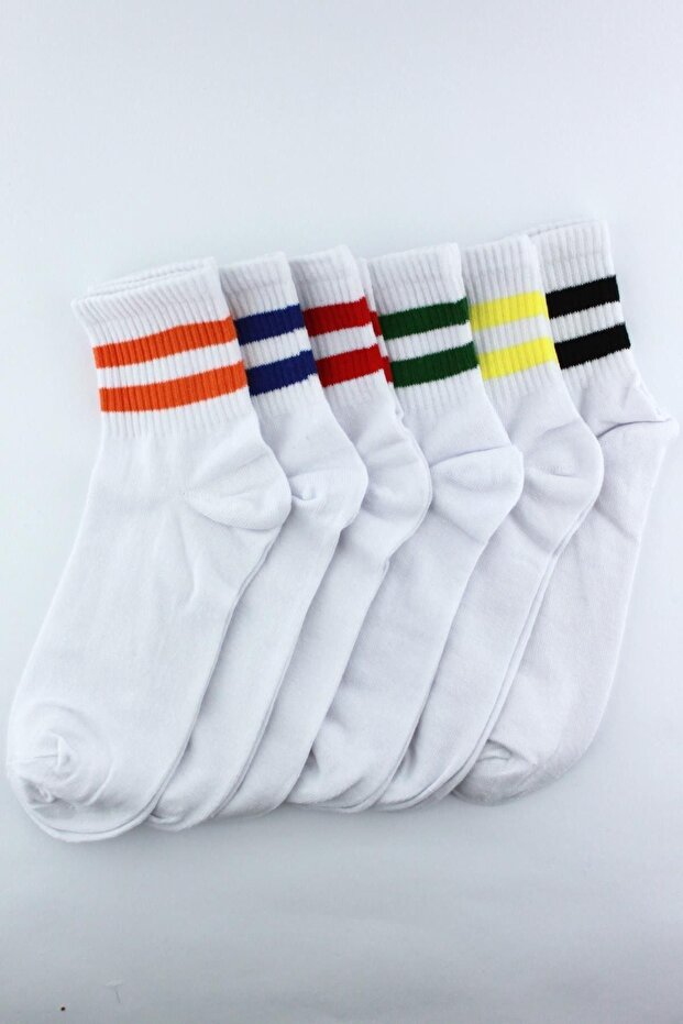 White 6 Pack Colorful Striped Cotton Half Socks Men's Women's Unisex Socks