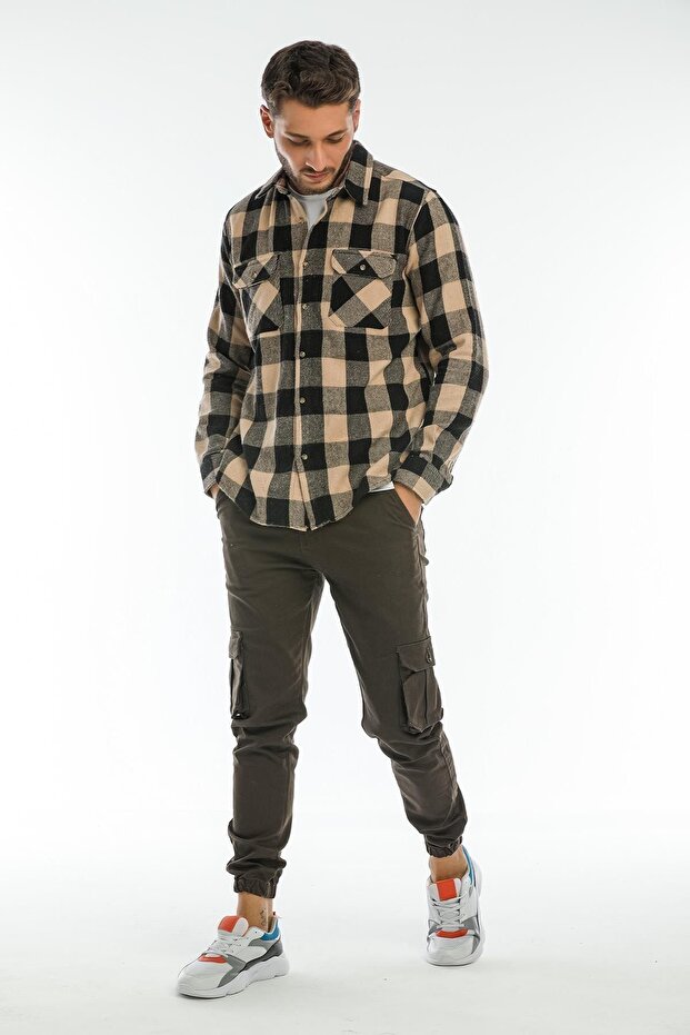 Ekru, Çift Cep Kapaklı Oversize Kareli Kalın Ekose Oduncu Erkek Gömlek Ceket Shacket - 3