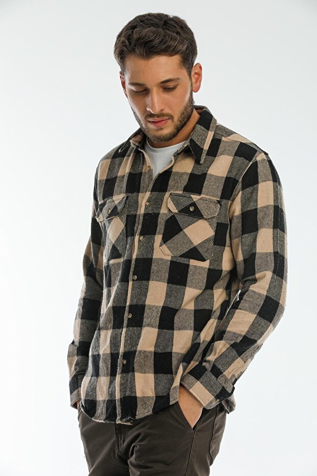 Ekru, Çift Cep Kapaklı Oversize Kareli Kalın Ekose Oduncu Erkek Gömlek Ceket Shacket - 2