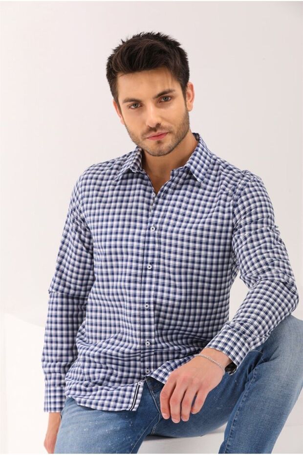 Indigo Plaid Check Cotton Polyester Regular Men's Shirt