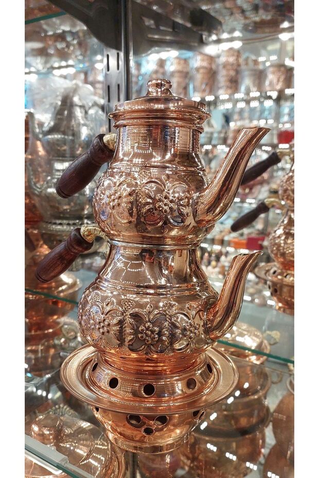 Bakır Çaydanlık & Bakır Demlik El Yapımı Çiçek Desenli Osmanlı Ocaklı Bakır Çaydanlık Küçük Boy - 3