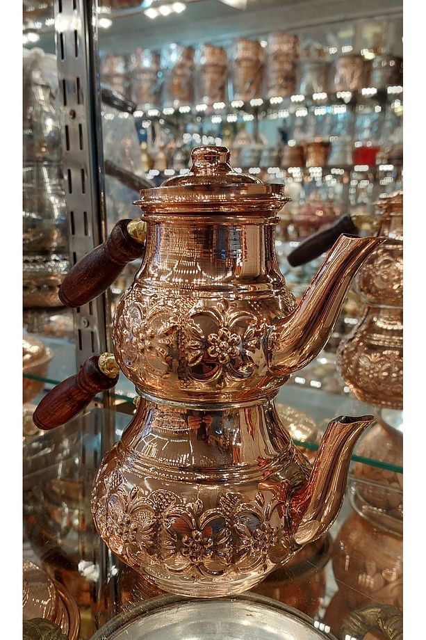 Bakır Çaydanlık & Bakır Demlik El Yapımı Zımba Desenli Gümüş Renk Bakır Çaydanlık Küçük Boy - 1