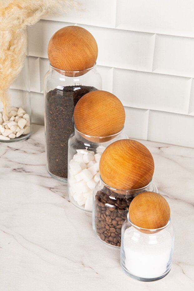 4-Piece Glass Jar Set with Wooden Ball Lid Storage Container Spice Jar Set 1300 ml-800 ml-500 ml-300 ml - 3