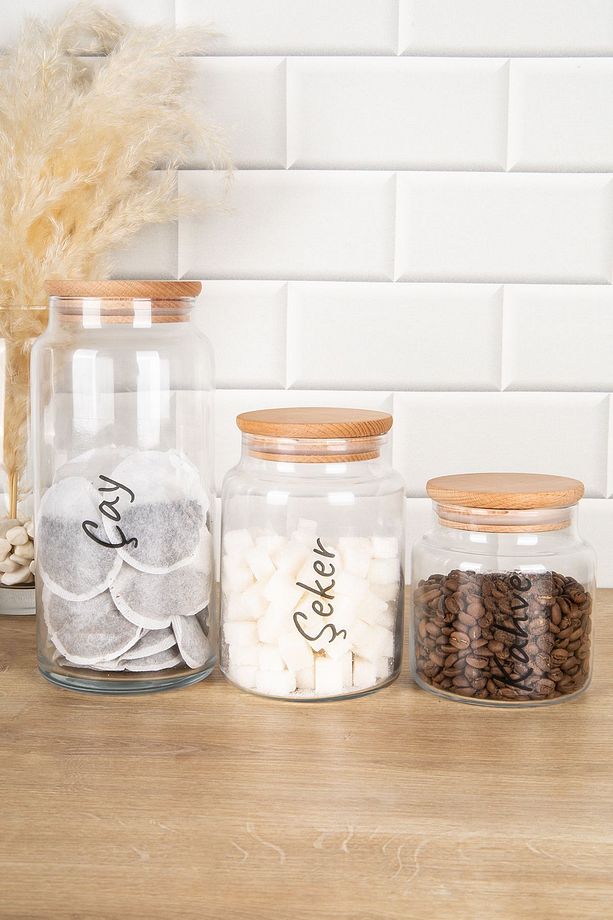3'lü Ahşap Düz Vakum Kapaklı Şeffaf Etiketli 1300 ml-800 ml-500 ml Cam Kavanoz Seti Saklama Kabı - 3