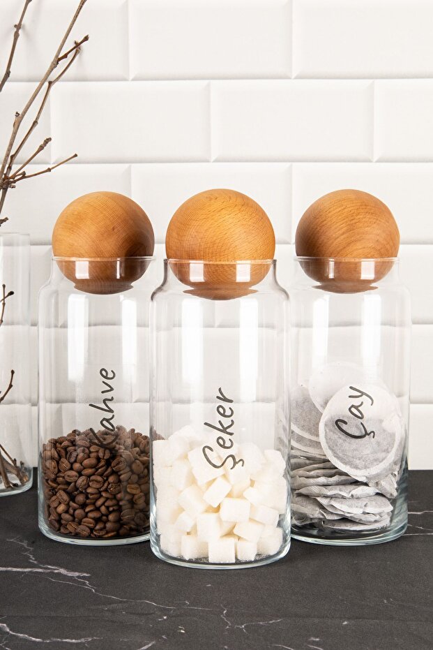 3-Piece Wooden Ball Lid Transparent Label Tea Sugar Coffee Storage Jar Glass Storage Container 1300ml