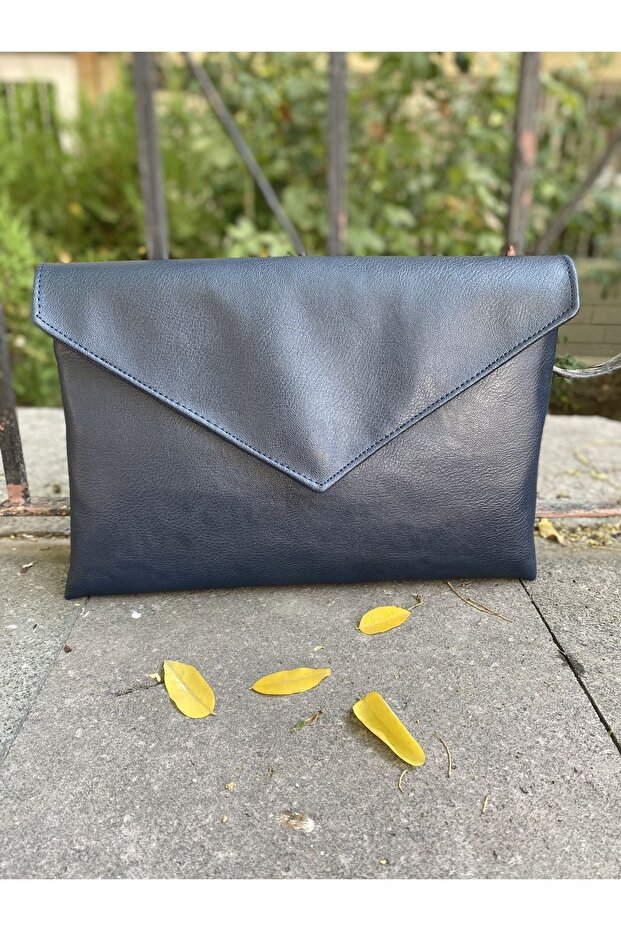 Navy Blue Faux Leather Envelope Clutch