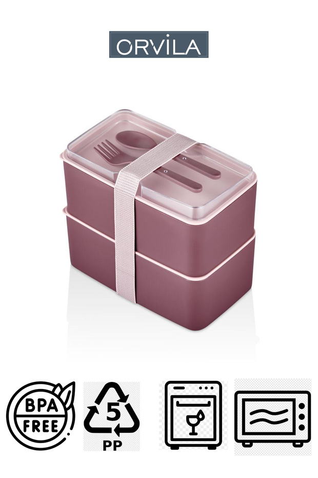 2 Liter Mega Size 2 Layer Food Storage Set - Lunch Box with Fork and Spoon Serving - 1