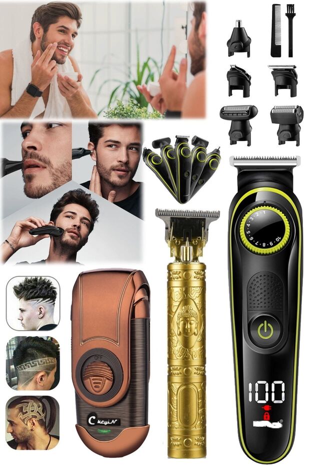 3 Başlıklı Tıraş Makinesi Ayarlı Taraklı Set 3 Farklı Hediyelik Profesyonel Tıraş Makinesi Berber - 5