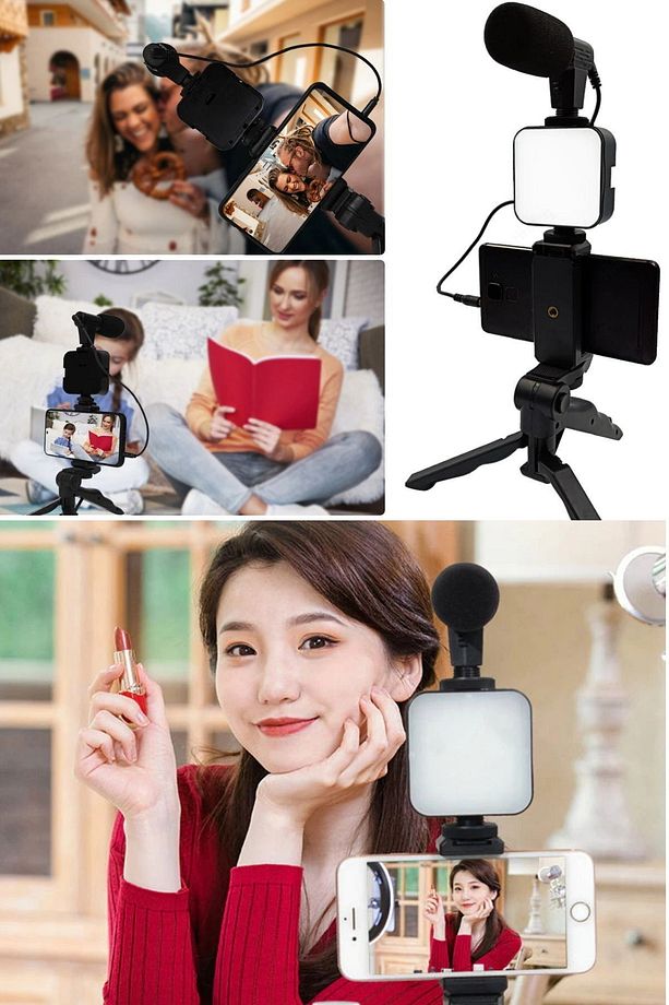 Akıllı Telefon Kamera Video Kiti Video Mikrofon Vlogging Youtube Yayın Video Flaşlı Mikrafon Seti - 7