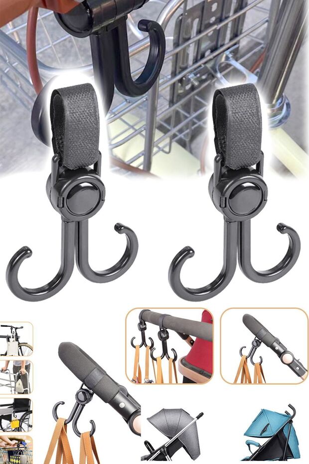 2 Pieces Double Hook Baby Stroller Hanger 360 Degree Rotation Adjustment Basket Hook Loop Connection Apparatus - 7