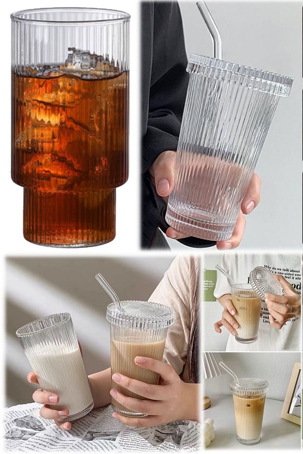2 Adet Ice & Sıcak Pipetli Tırtıklı Cam Tumbr Fenomen Bardak Cam Kapak Coffe Su Bardak Kahve Fincan - 7
