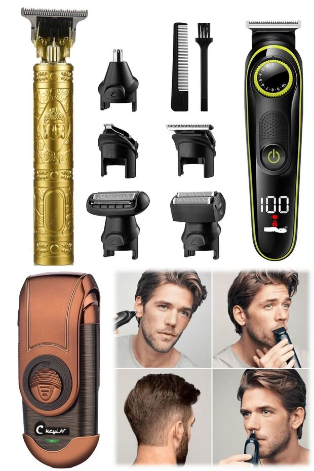3 Başlıklı Tıraş Makinesi Ayarlı Taraklı Set 3 Farklı Hediyelik Profesyonel Tıraş Makinesi Berber - 7
