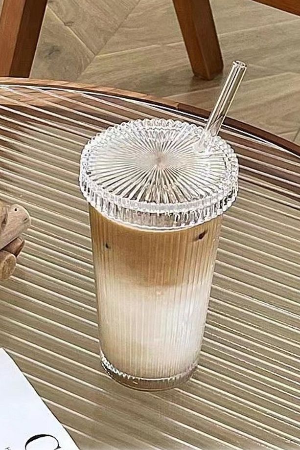 2 Adet Ice & Sıcak Pipetli Tırtıklı Cam Tumbr Fenomen Bardak Cam Kapak Coffe Su Bardak Kahve Fincan - 6