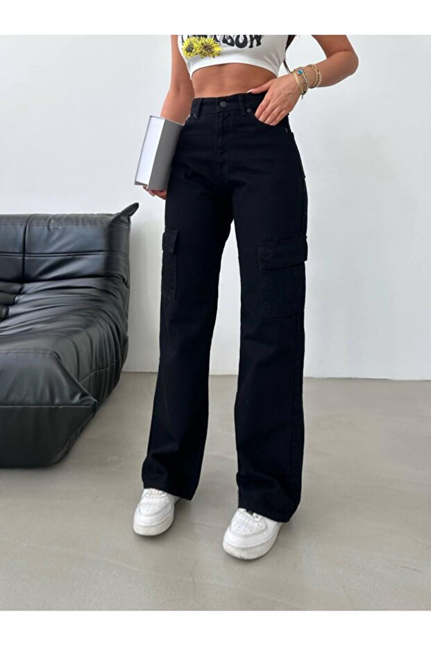 Black Cargo Pocket Wide Leg Women's Trousers
