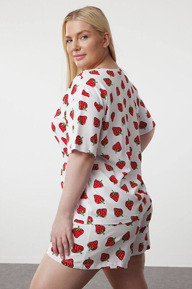 Beyaz Çilek Desenli V Yaka Örme Pijama Takımı TBBSS24AI00133 - 2