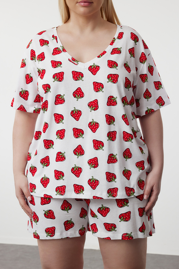 Beyaz Çilek Desenli V Yaka Örme Pijama Takımı TBBSS24AI00133 - 3