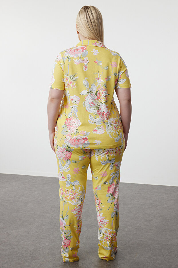 Sarı Çiçek Desenli Gömlek Yaka Örme Pijama Takımı TBBSS24AI00115 - 5