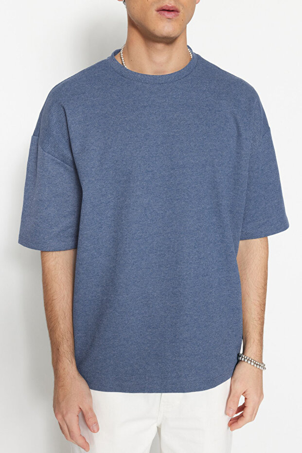 Indigo Oversize/Geniş Kesim Dokulu Waffle Kısa Kol T-Shirt TMNSS22TS00049 - 5