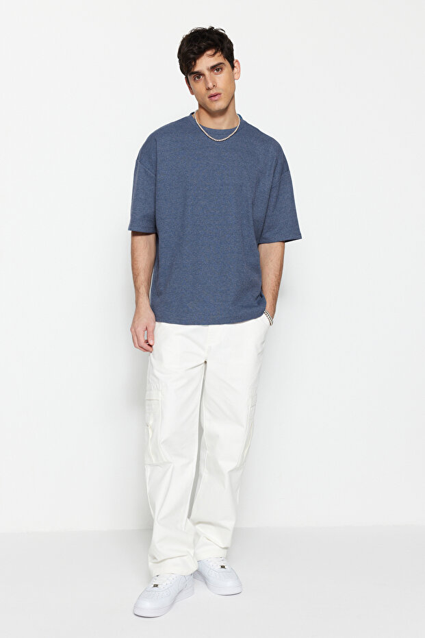 Indigo Oversize/Geniş Kesim Dokulu Waffle Kısa Kol T-Shirt TMNSS22TS00049 - 4