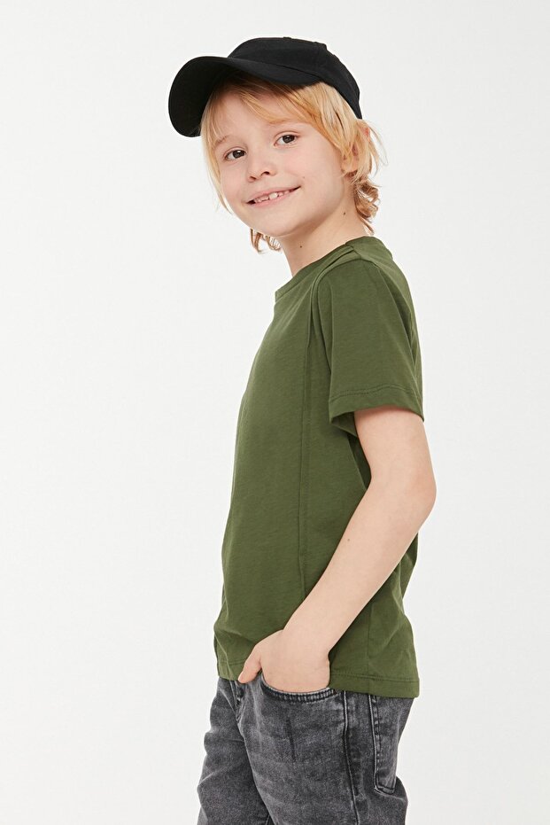 Haki Erkek Çocuk Bisiklet Yaka Kısa Kol Örme T-Shirt TKDSS24TS00044 - 1