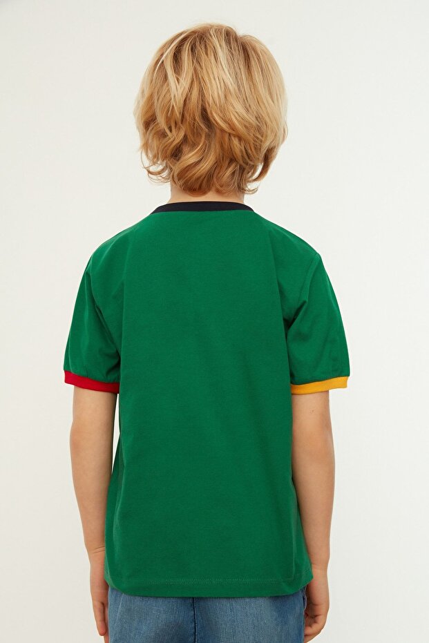 Yeşil Erkek Çocuk Renk Bloklu Slogan Desenli Bisiklet Yaka Örme T-Shirt TKDSS24TS00044 - 5