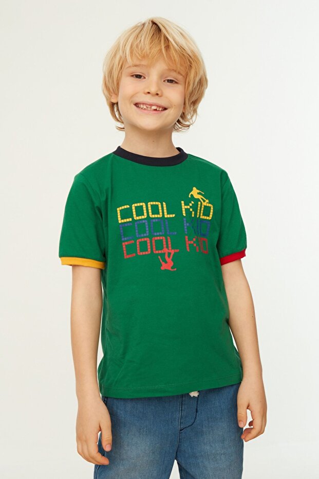 Yeşil Erkek Çocuk Renk Bloklu Slogan Desenli Bisiklet Yaka Örme T-Shirt TKDSS24TS00044 - 2