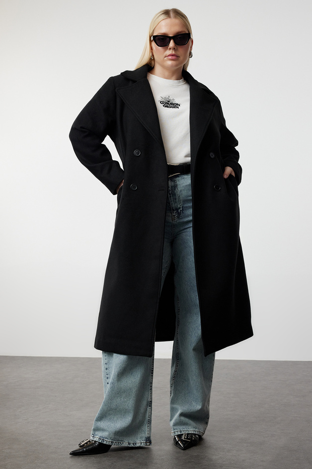 Siyah Oversize Fit Kruvaze Kapama Yün Karışımlı Kaşe Kaban TBBAW23KB00002 - 1