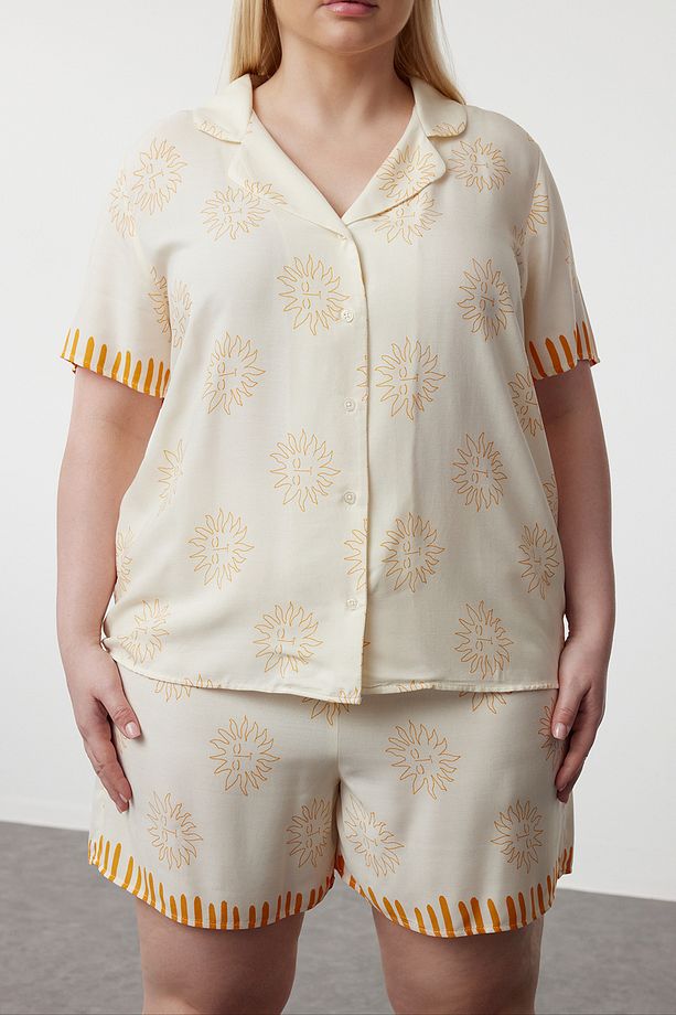 Ekru Güneş Desenli Gömlek Yaka Dokuma Pijama Takımı TBBSS24AI00144 - 3