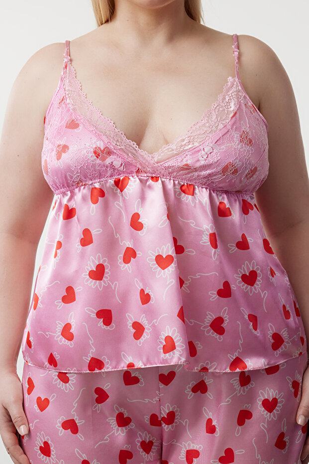 Pembe Kalp Desenli Dantelli Saten Dokuma Pijama Takımı TBBSS24AI00112 - 3