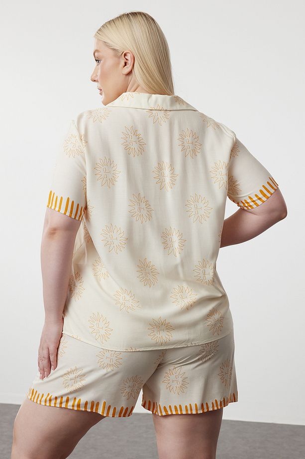 Ekru Güneş Desenli Gömlek Yaka Dokuma Pijama Takımı TBBSS24AI00144 - 5