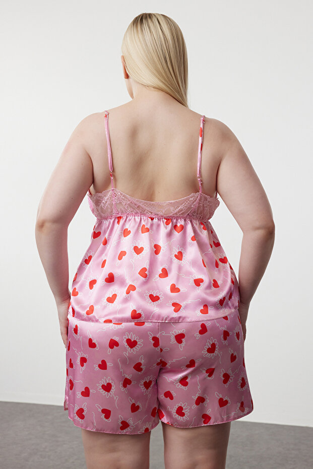 Pembe Kalp Desenli Dantelli Saten Dokuma Pijama Takımı TBBSS24AI00112 - 5