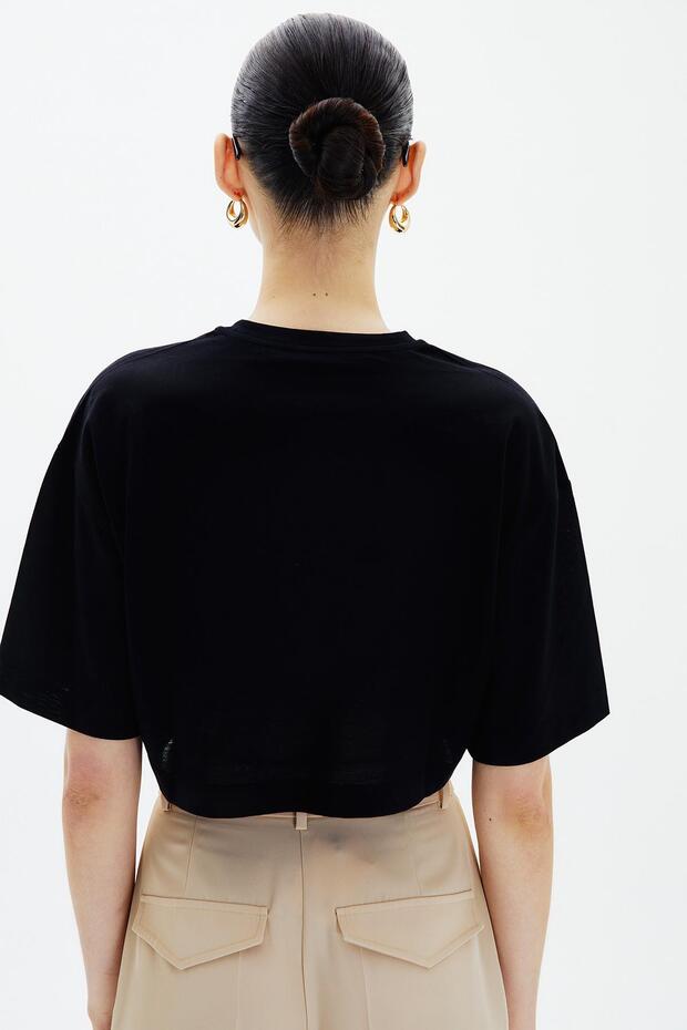 Crop Siyah Basic T-Shirt - 6