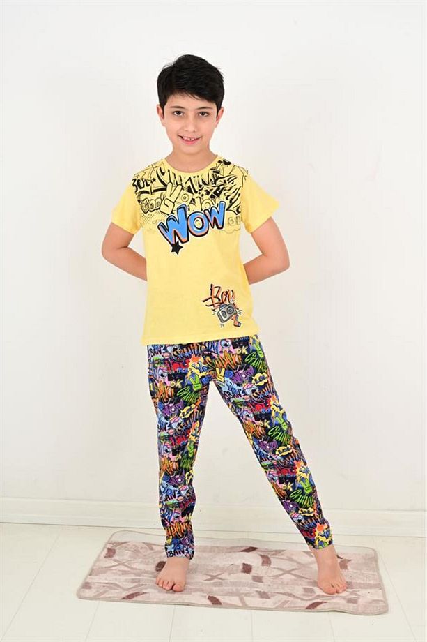 Erkek Çocuk Kısa Kollu Pijama Takımı Wow Model Sarı - 1