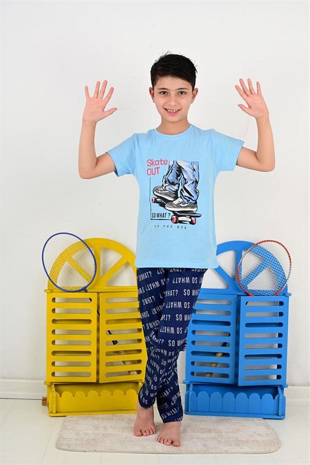 Erkek Çocuk Kısa Kollu Pijama Takımı So What Skate Model Mavi - 1
