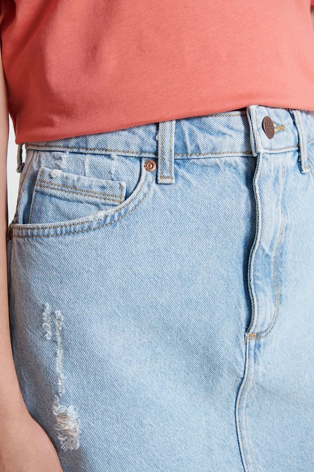 Regular Fit Normal Kesim %100 Pamuk Yüksek Bel Mavi Jean Kot Etek - 4