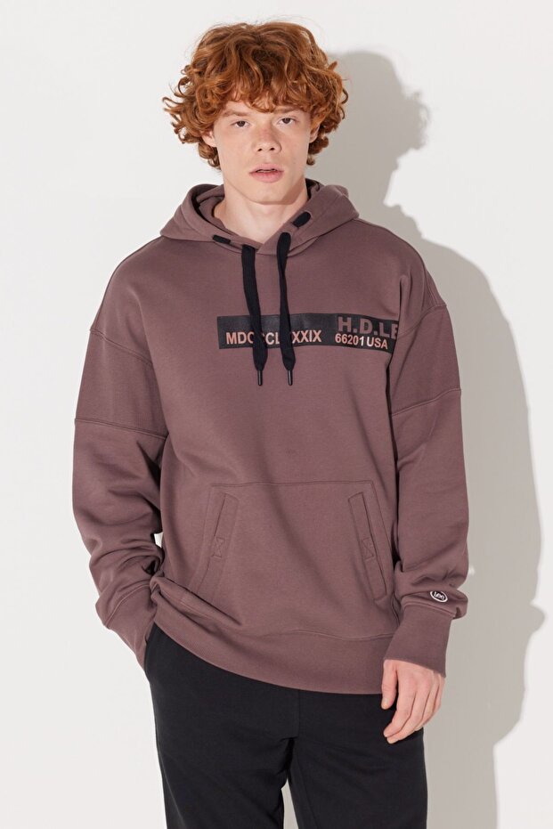 Loose Fit Comfortable Cut Hooded Fleece Inside Back Printed Brown Sweatshirt