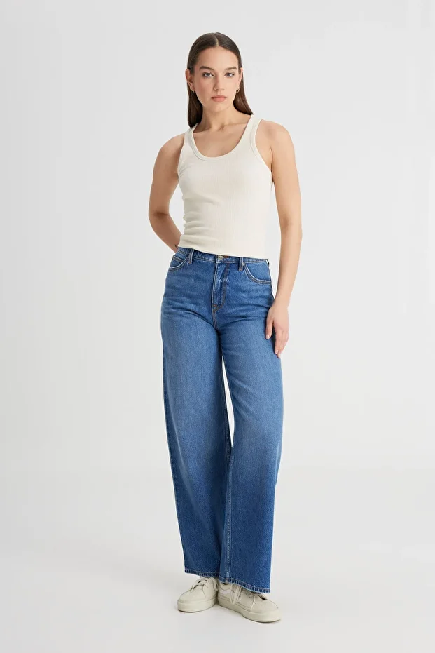 Regular Fit Normal Kesim Yüksek Bel İspanyol Paça %100 Pamuk Stella A Line Mavi Jean Kot Pantolon - 1