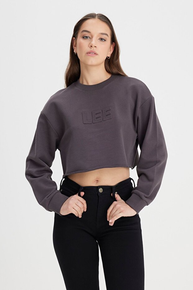 Regular Fit Regular Cut Crew Neck 100% Cotton Women's Anthracite Crop Logo Sweatshirt