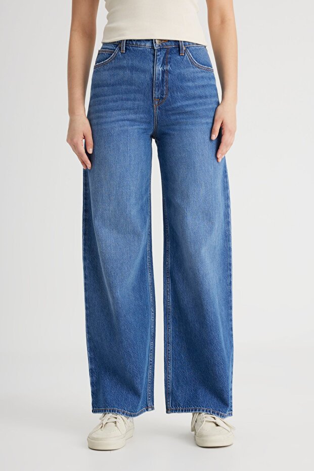 Regular Fit Normal Kesim Yüksek Bel İspanyol Paça %100 Pamuk Stella A Line Mavi Jean Kot Pantolon - 5