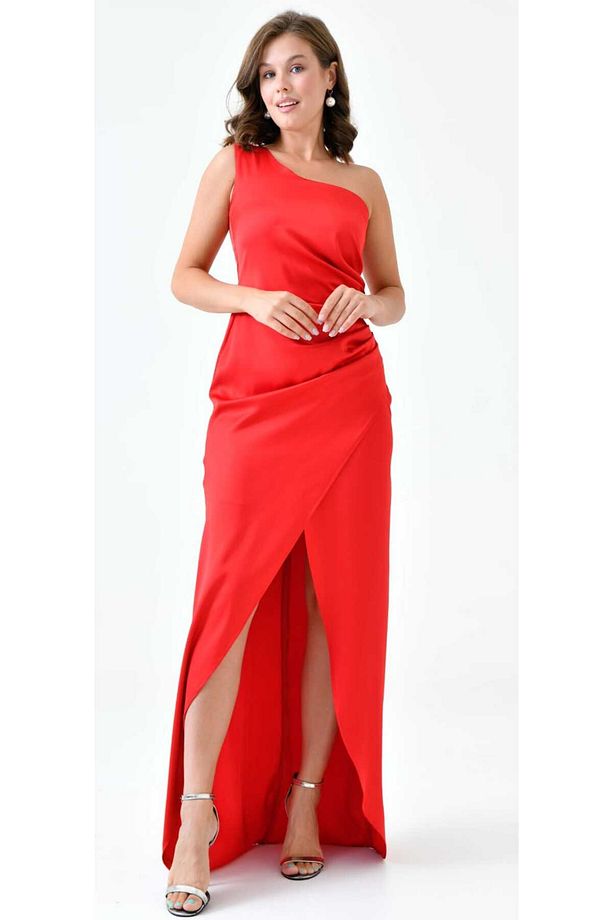 DRAPE DETAYLI TEK OMUZ SATEN ABİYE ELBİSE - 3