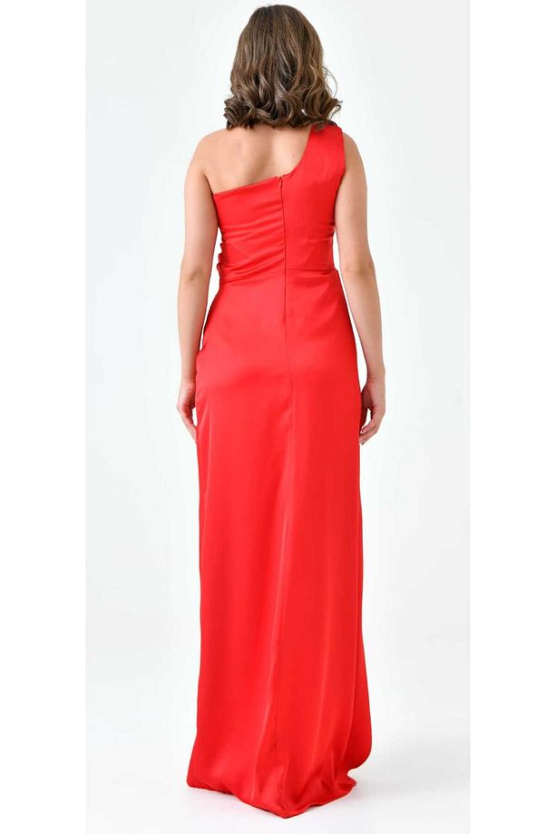 DRAPE DETAYLI TEK OMUZ SATEN ABİYE ELBİSE - 9