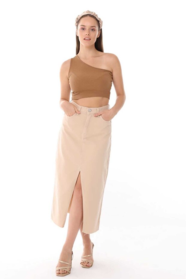 Kn Front Slit Beige Women's Linen Skirt