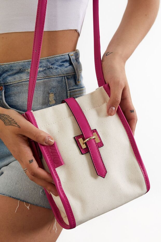 Fuşya Renkli Şeritli Mini Kanvas Çanta - 1