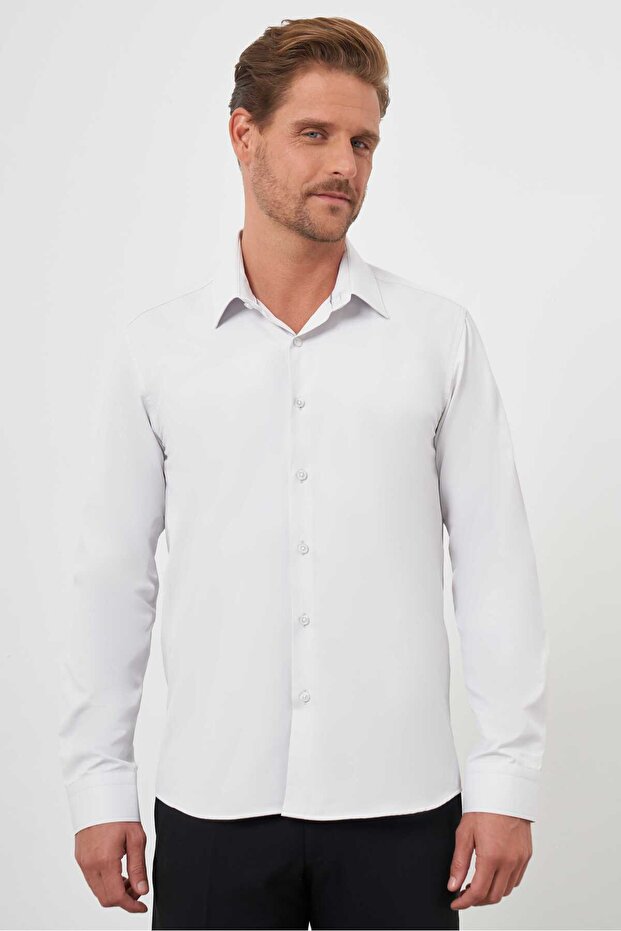 قميص رجالي ذو تصميم سادة من Stone Basic ذو ياقة صلبة وقصة ضيقة - 3