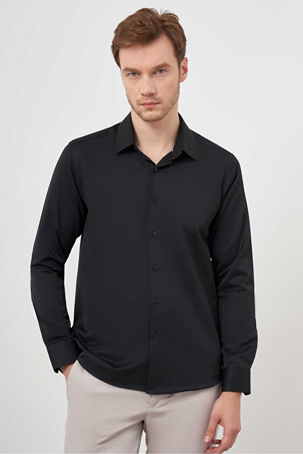 Men's Black Basic Plain Pattern Hard Collar Slim Fit Shirt - 2
