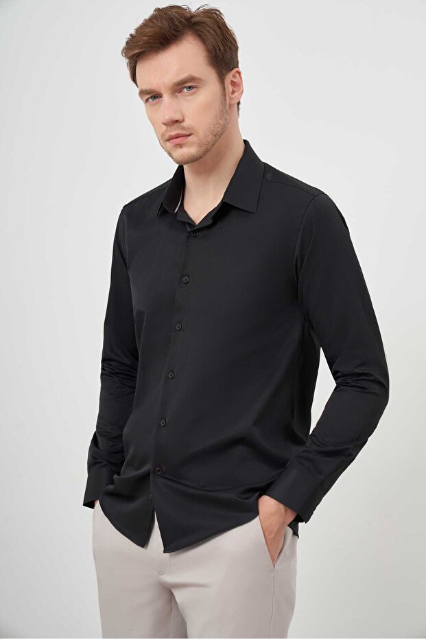 Men's Black Basic Plain Pattern Hard Collar Slim Fit Shirt - 1