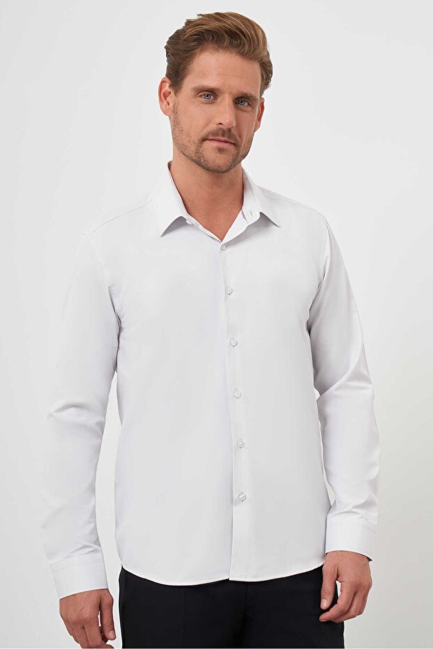 قميص رجالي ذو تصميم سادة من Stone Basic ذو ياقة صلبة وقصة ضيقة - 1